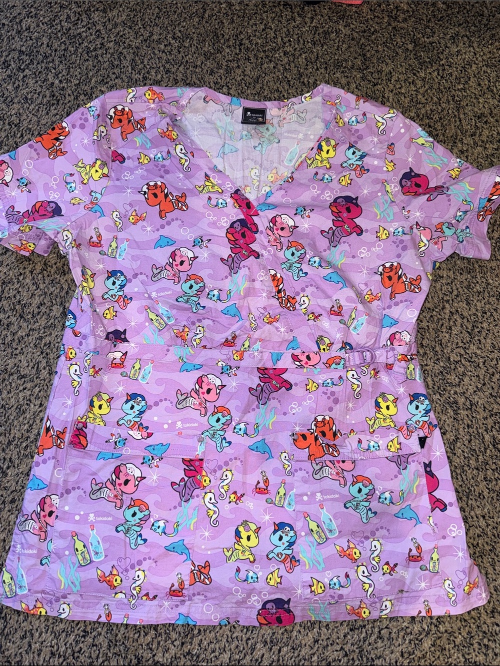 koi Purple Cartoon Fish Print Scrub Top